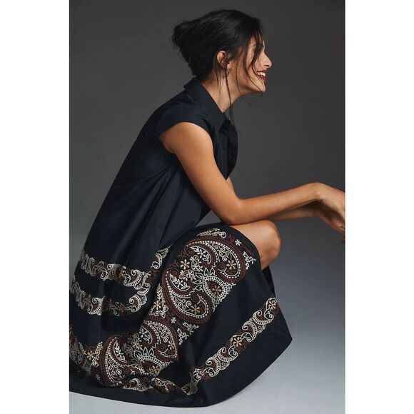 New Anthropologie Embroidered Midi Swing Black Shirt Dress Medium - Picture 8 of 13